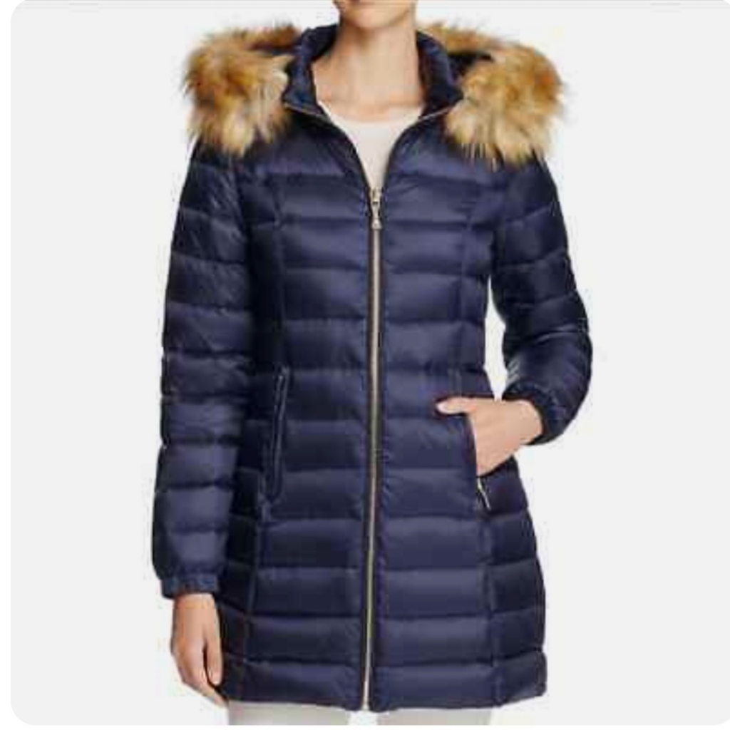 Kate Spade Puffer Coat With Removable Fur Lined Hood With Bow Back